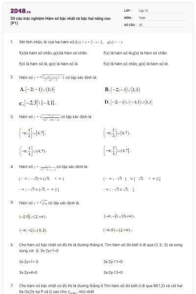 50 câu trắc nghiệm Hàm số bậc nhất và bậc hai nâng cao (P1)