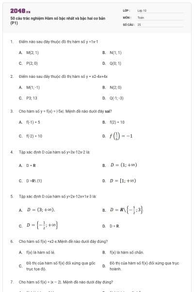 50 câu trắc nghiệm Hàm số bậc nhất và bậc hai cơ bản (P1)