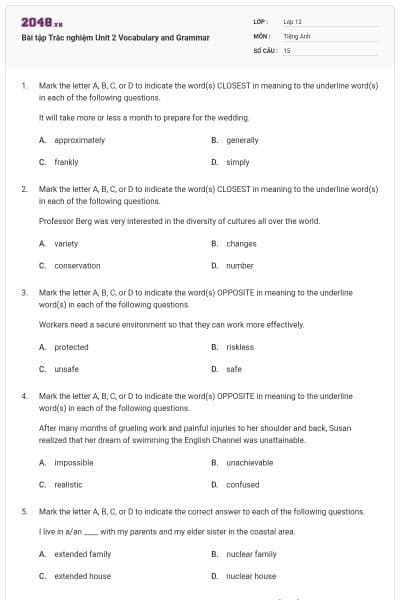 Bài tập Trắc nghiệm Unit 2 Vocabulary and Grammar