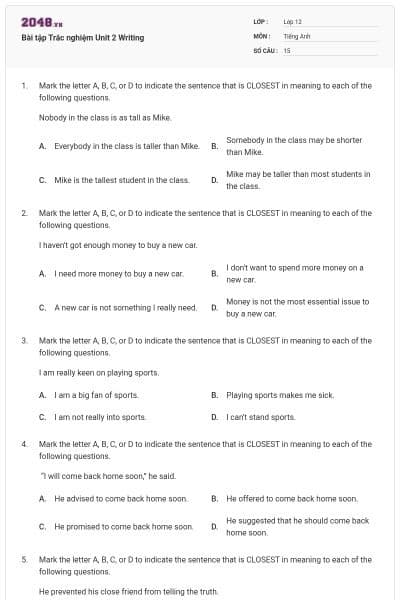 Bài tập Trắc nghiệm Unit 2 Writing