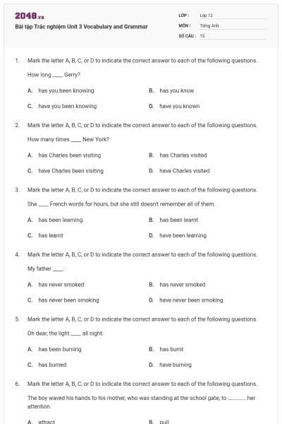 Bài tập Trắc nghiệm Unit 3 Vocabulary and Grammar