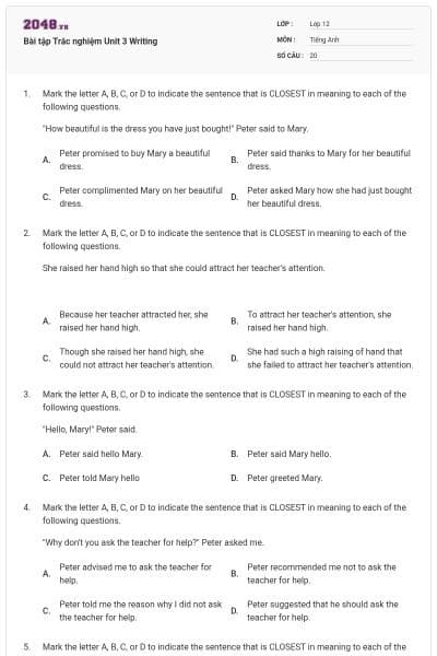 Bài tập Trắc nghiệm Unit 3 Writing