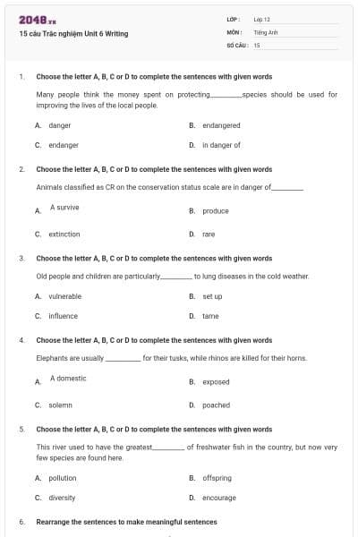 15 câu Trắc nghiệm Unit 6 Writing