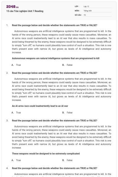 15 câu Trắc nghiệm Unit 7 Reading