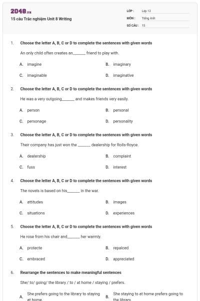15 câu Trắc nghiệm Unit 8 Writing
