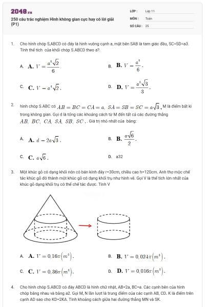 250 câu trắc nghiệm Hình không gian cực hay có lời giải (P1)