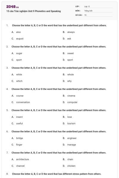 15 câu Trắc nghiệm Unit 9 Phonetics and Speaking