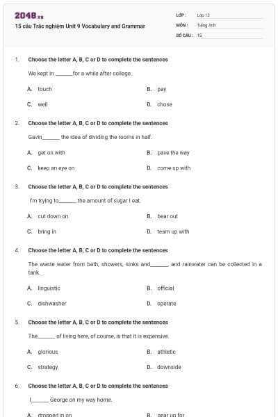 15 câu Trắc nghiệm Unit 9 Vocabulary and Grammar