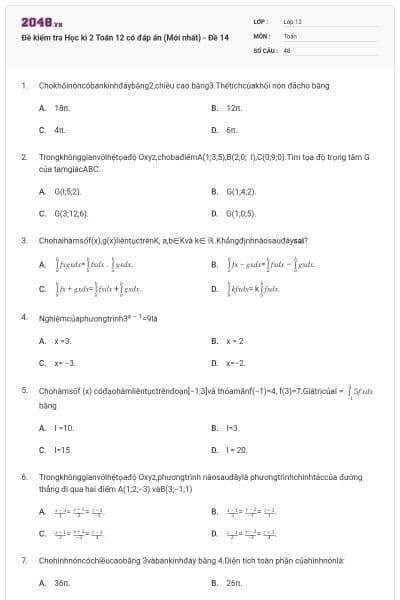 Đề kiểm tra Học kì 2 Toán 12 có đáp án (Mới nhất) - Đề 14