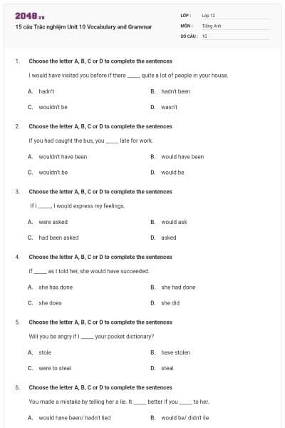 15 câu Trắc nghiệm Unit 10 Vocabulary and Grammar
