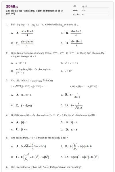 237 câu  Bài tập Hàm số mũ, logarit ôn thi Đại học có lời giải (P6)