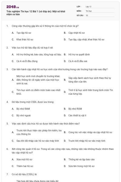Trắc nghiệm Tin học 12 Bài 1 (có đáp án): Một số khái niệm cơ bản