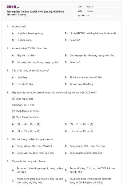 Trắc nghiệm Tin học 12 Bài 3 (có đáp án): Giới thiệu Microsoft Access