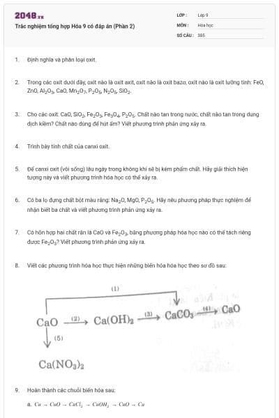 Trắc nghiệm tổng hợp Hóa 9 có đáp án (Phần 2)