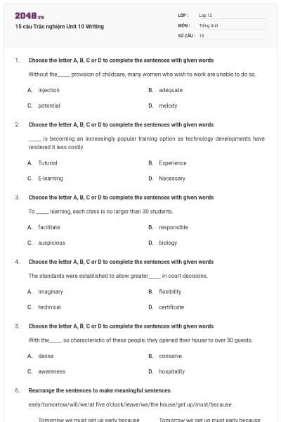 15 câu Trắc nghiệm Unit 10 Writing