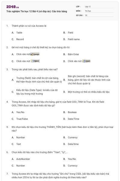 Trắc nghiệm Tin học 12 Bài 4 (có đáp án): Cấu trúc bảng
