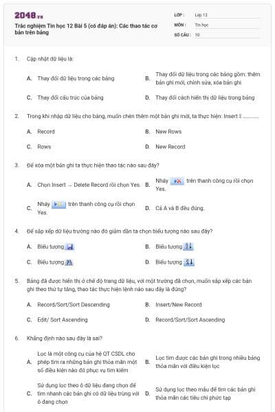 Trắc nghiệm Tin học 12 Bài 5 (có đáp án): Các thao tác cơ bản trên bảng