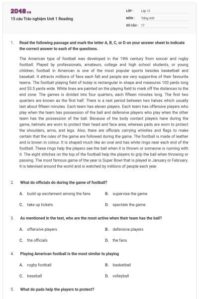 15 câu Trắc nghiệm Unit 1 Reading