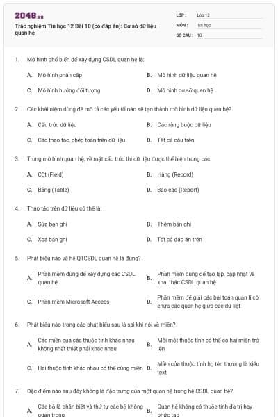 Trắc nghiệm Tin học 12 Bài 10 (có đáp án): Cơ sở dữ liệu quan hệ
