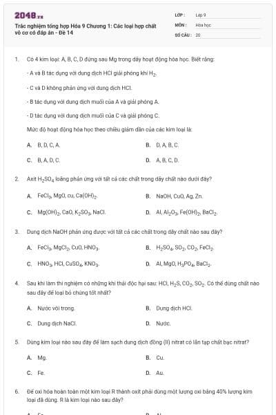 Trắc nghiệm tổng hợp Hóa 9 Chương 1: Các loại hợp chất vô cơ có đáp án - Đề 14