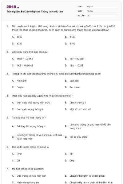Trắc nghiệm Bài 2 (có đáp án): Thông tin và dữ liệu