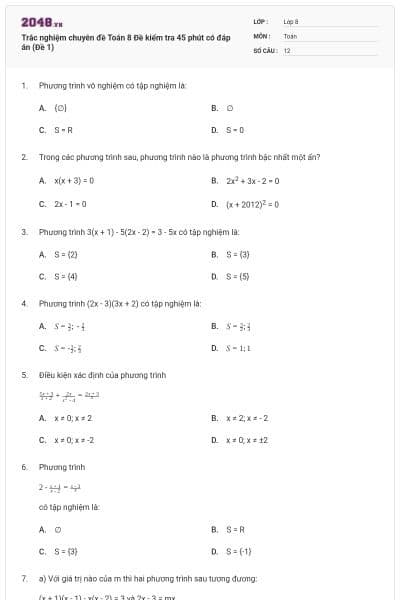 Trắc nghiệm chuyên đề Toán 8 Đề kiểm tra 45 phút có đáp án (Đề 1)
