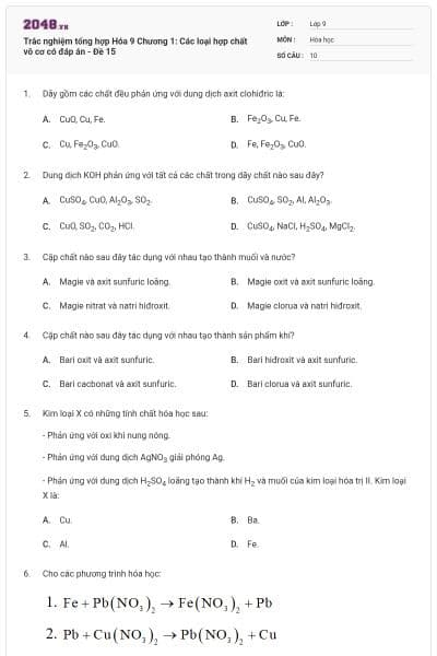 Trắc nghiệm tổng hợp Hóa 9 Chương 1: Các loại hợp chất vô cơ có đáp án - Đề 15