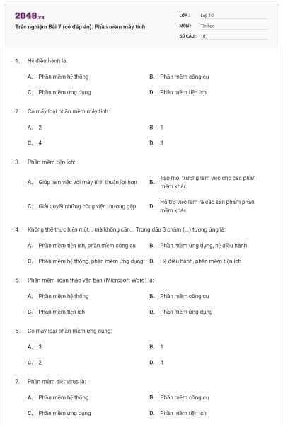 Trắc nghiệm Bài 7 (có đáp án): Phần mềm máy tính