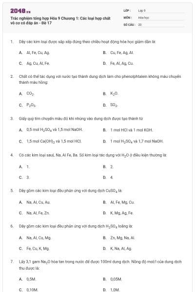 Trắc nghiệm tổng hợp Hóa 9 Chương 1: Các loại hợp chất vô cơ có đáp án - Đề 17