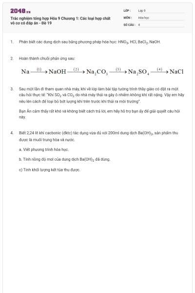 Trắc nghiệm tổng hợp Hóa 9 Chương 1: Các loại hợp chất vô cơ có đáp án - Đề 19