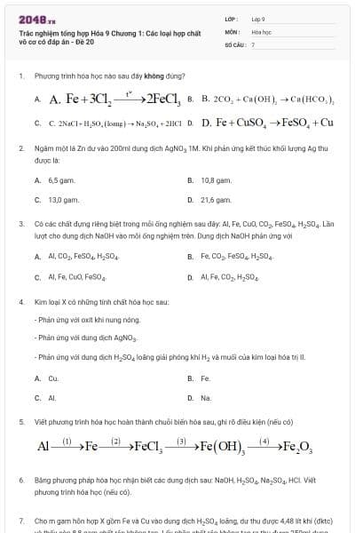 Trắc nghiệm tổng hợp Hóa 9 Chương 1: Các loại hợp chất vô cơ có đáp án - Đề 20