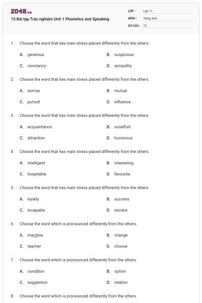 15 Bài tập Trắc nghiệm Unit 1 Phonetics and Speaking