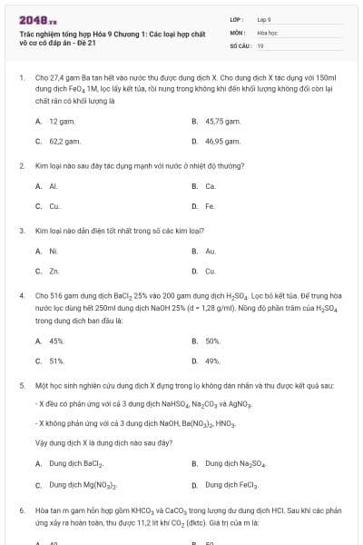 Trắc nghiệm tổng hợp Hóa 9 Chương 1: Các loại hợp chất vô cơ có đáp án - Đề 21