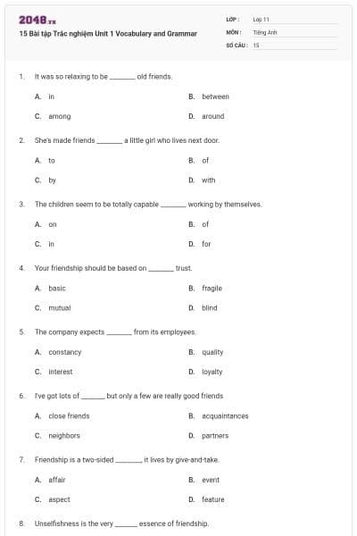 15 Bài tập Trắc nghiệm Unit 1 Vocabulary and Grammar