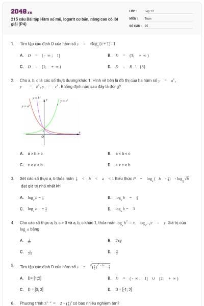 215 câu Bài tập Hàm số mũ, logarit cơ bản, nâng cao có lời giải (P4)