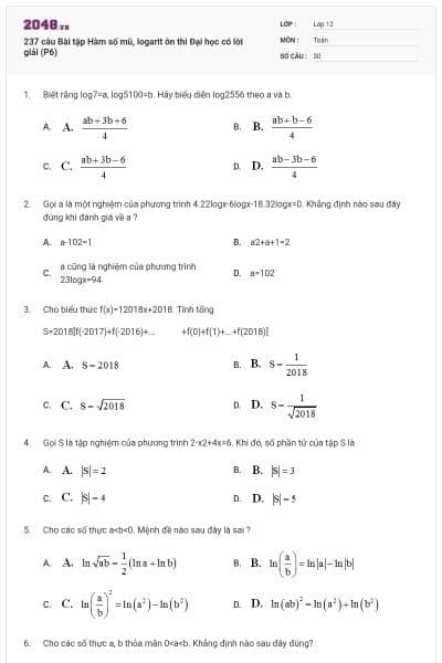 237 câu  Bài tập Hàm số mũ, logarit ôn thi Đại học có lời giải (P6)