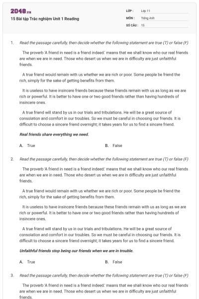 15 Bài tập Trắc nghiệm Unit 1 Reading