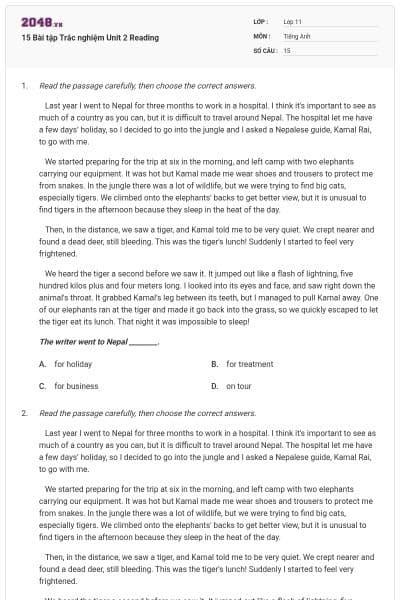 15 Bài tập Trắc nghiệm Unit 2 Reading