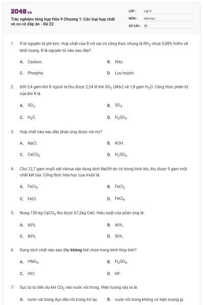Trắc nghiệm tổng hợp Hóa 9 Chương 1: Các loại hợp chất vô cơ có đáp án - Đề 22