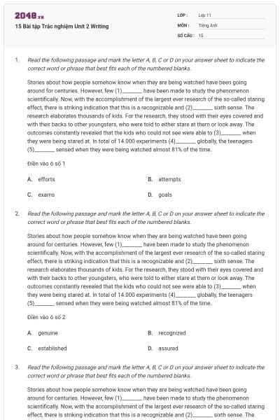 15 Bài tập Trắc nghiệm Unit 2 Writing