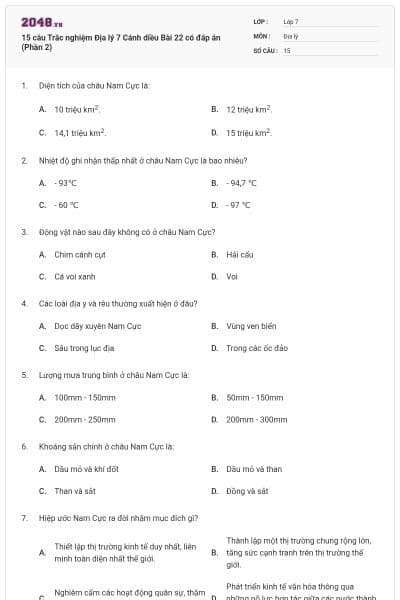 15 câu Trắc nghiệm Địa lý 7 Cánh diều Bài 22 có đáp án (Phần 2)
