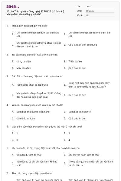 10 câu Trắc nghiệm Công nghệ 12 Bài 28 (có đáp án): Mạng điện sản xuất quy mô nhỏ