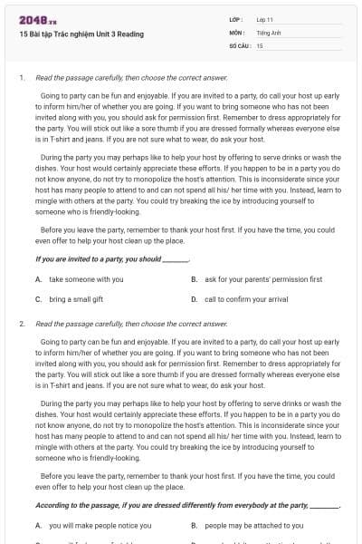 15 Bài tập Trắc nghiệm Unit 3 Reading