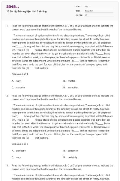 15 Bài tập Trắc nghiệm Unit 3 Writing