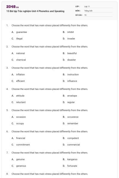 15 Bài tập Trắc nghiệm Unit 4 Phonetics and Speaking