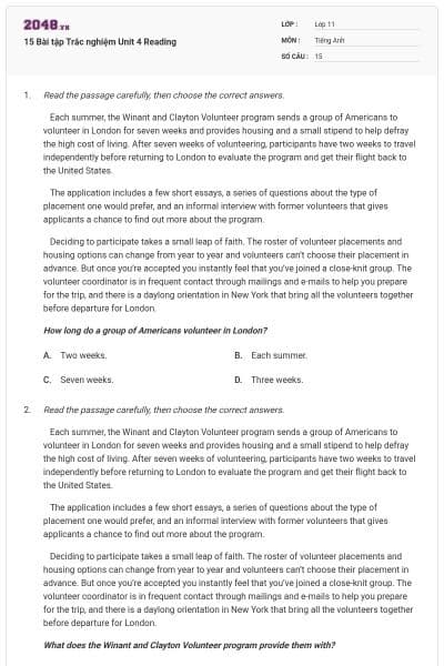 15 Bài tập Trắc nghiệm Unit 4 Reading