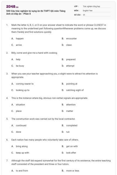 500 Câu trắc nghiệm từ vựng ôn thi THPT QG môn Tiếng Anh có đáp án - Phần 8