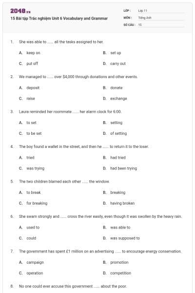15 Bài tập Trắc nghiệm Unit 6 Vocabulary and Grammar