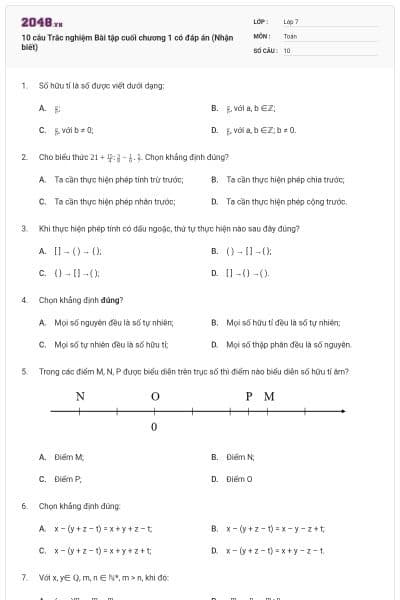 10 câu Trắc nghiệm Bài tập cuối chương 1 có đáp án (Nhận biết)