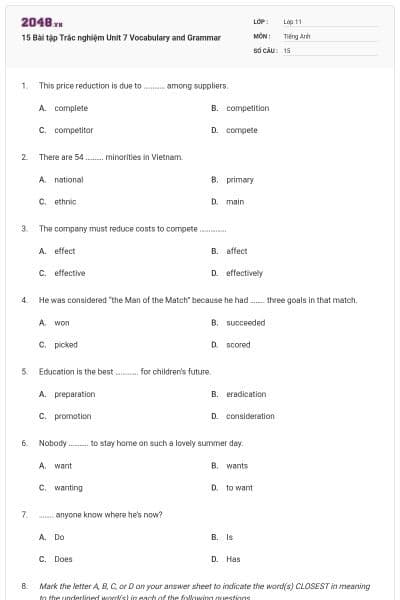 15 Bài tập Trắc nghiệm Unit 7 Vocabulary and Grammar